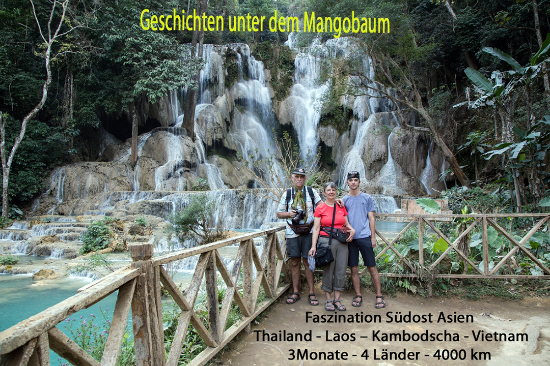 Familie vor einem Wasserfall, Expedition in Südost Asien, Thailand, Laos, Kambodscha, Vietnahm